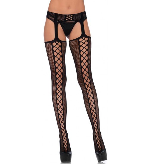 Dual Net Faux Lace Up Backseam Suspender Stockings