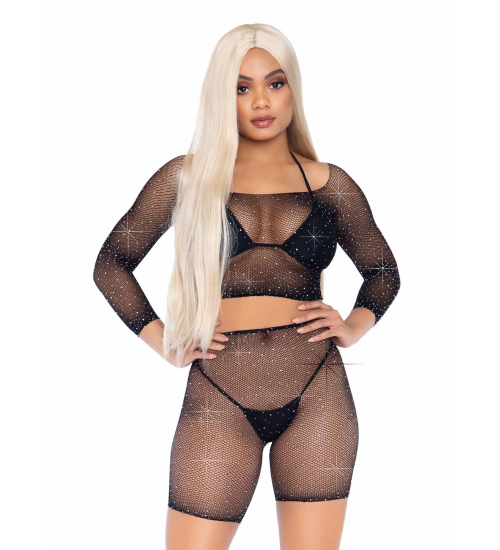 Bling Queen Black Fishnet Crop Top Set