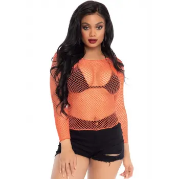 Neon Orange Fishnet Long Sleeve Shirt