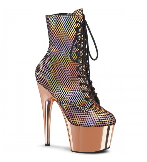 Adore Rose Gold Hologram Fishnet Ankle Boots