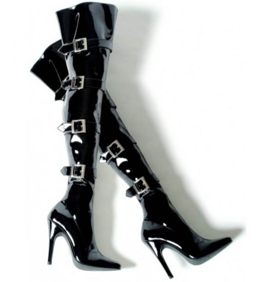 Buckle Up Black Thigh High 5 Inch Heel Boot