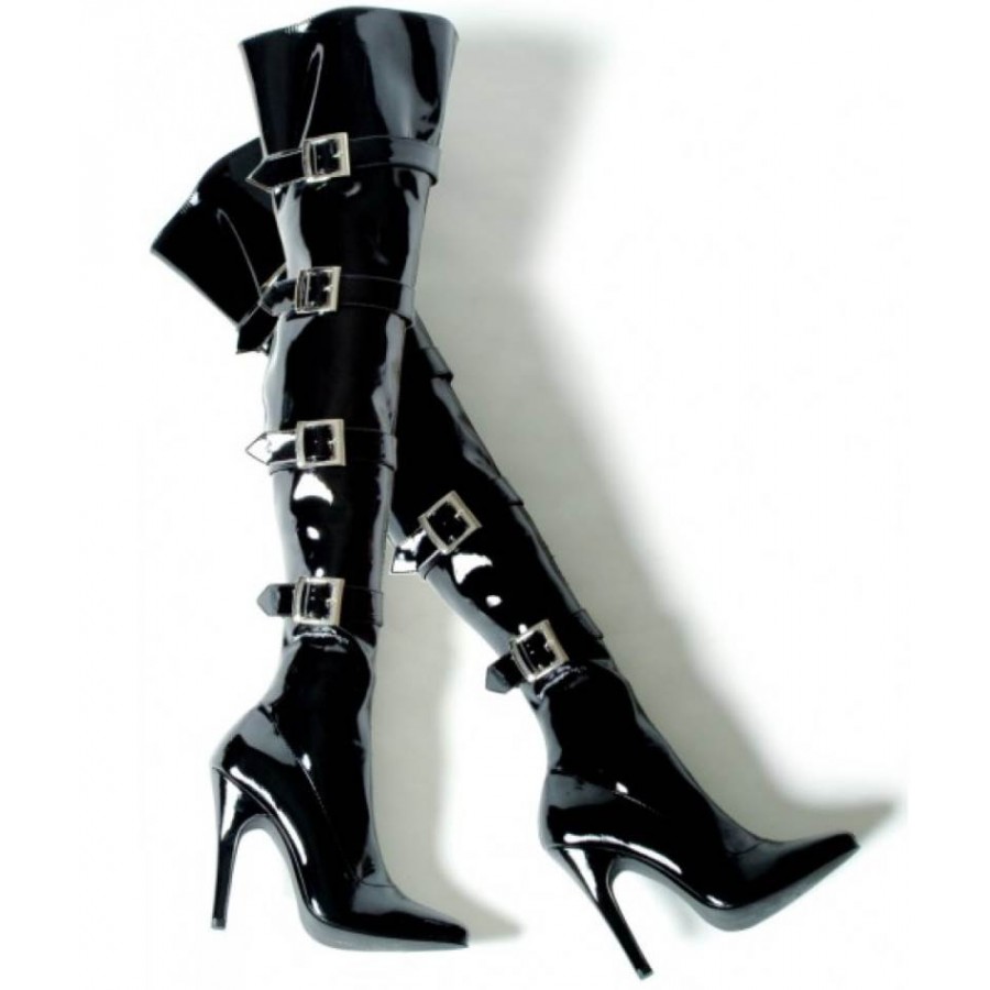 black leather thigh high boots with buckles