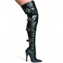 Buckle Up Black Faux Leather Thigh High 5 Inch Heel Boot