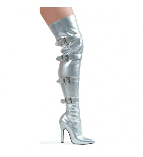 Buckle Up Silver Thigh High 5 Inch Heel Boot