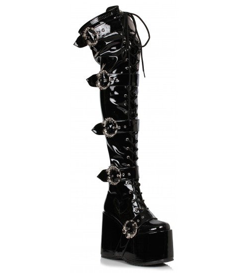 Kamora Skull Buckled Black Thigh High Platform Boot 