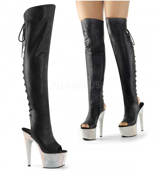 Bejeweled Black Peep Toe and Heel Thigh High Platform Boots