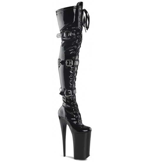 Beyond Black Buckled Thigh High 10 Inch Platform Boots