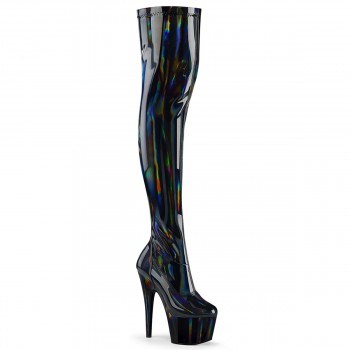 Adore Black Hologram Thigh High Faux Patent Leather Boots