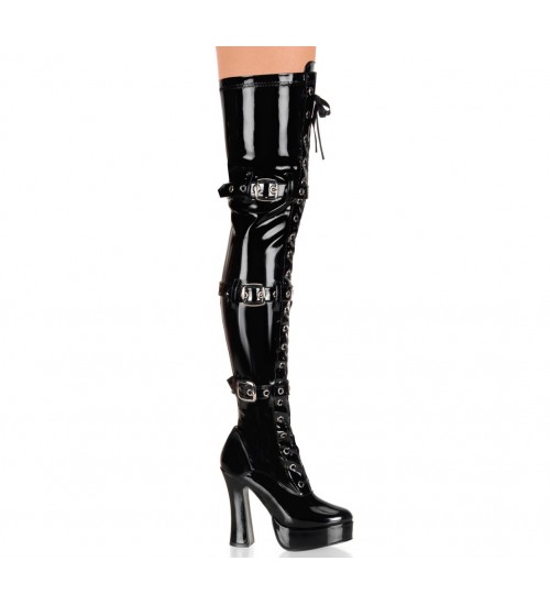 Electra Black Patent Buckled Thigh High Platform Boots